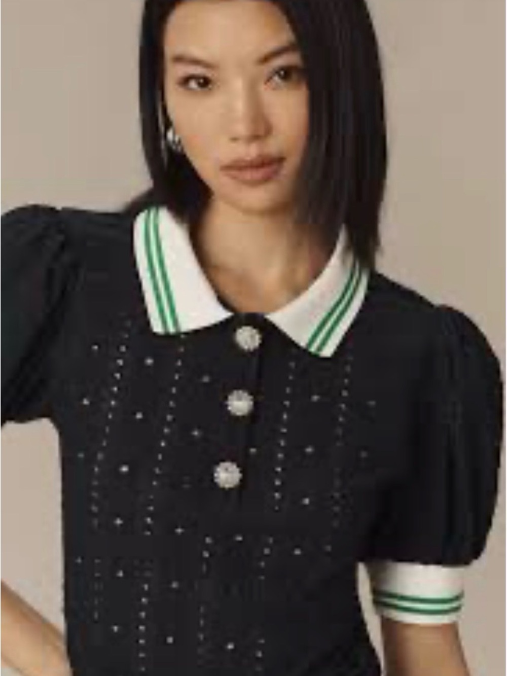 Maeve Knit Navy Polo Top with White & Green Trim and Crystal Buttons - Picture 11 of 11